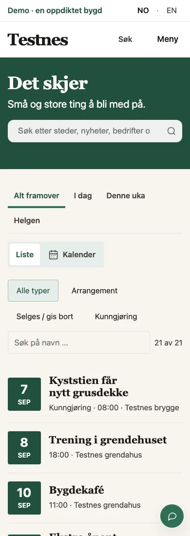 Det skjer i Testnes, med filtre og arrangementsrader på mobil.
